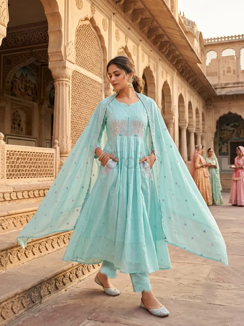 Premium mul cotton flared and pleated kurta with embroidery