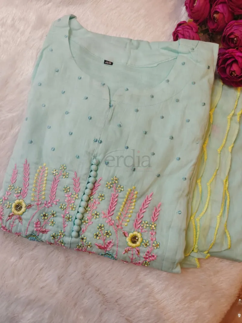 Premium mul cotton flared and pleated kurta with embroidery view 5