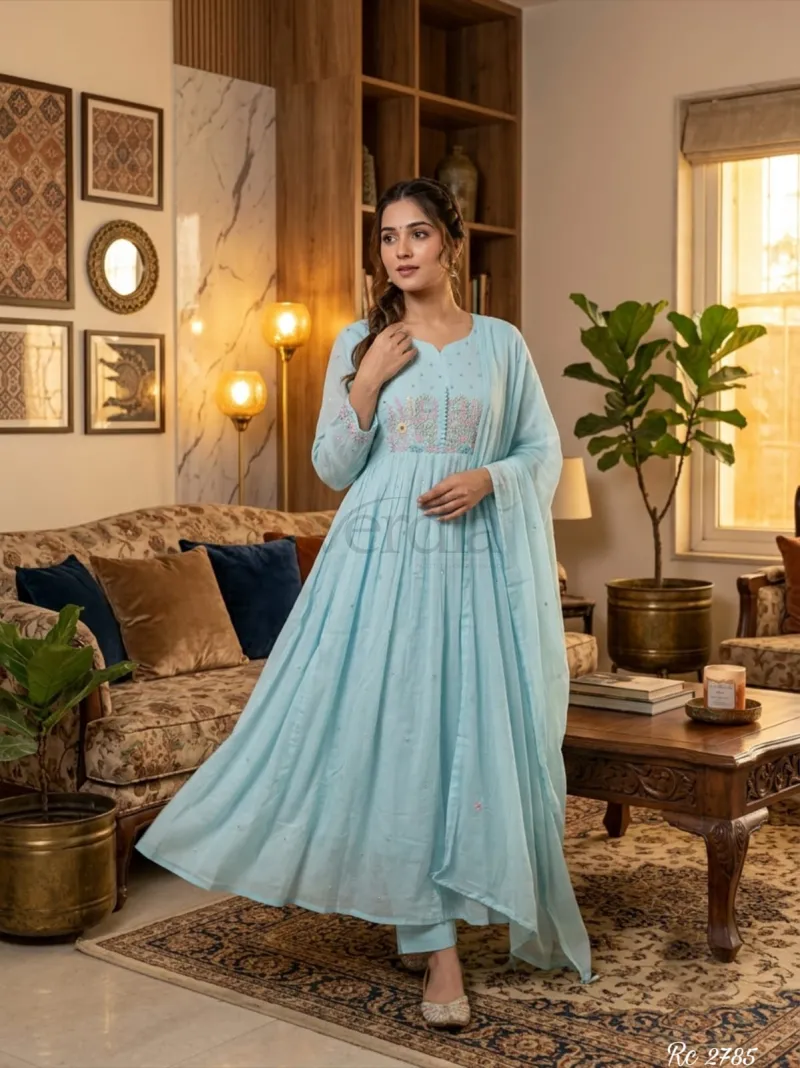 Premium mul cotton flared and pleated kurta with embroidery view 9