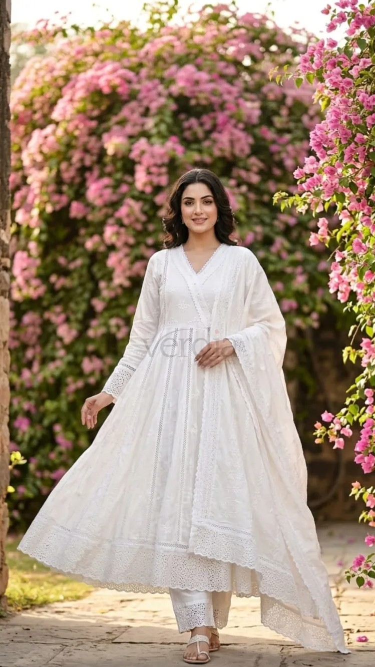Chikankari anarkali suit crafted from soft mulmul cotton view 4