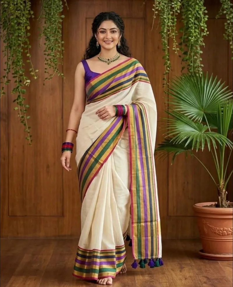 Pure mul cotton  Saree featuring a kanchi border with blouse fabric.