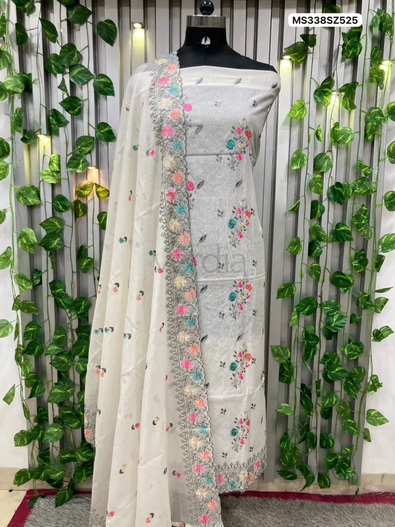 Mul Chanderi with Multi-embroidery Suit (Unstitched Material) view 3