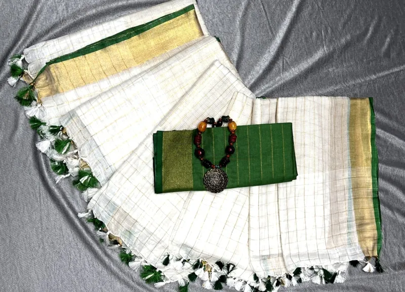 Kerala Onam sarees featuring a semi linen fabric view 3