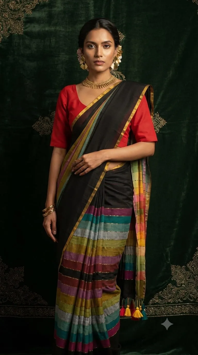 Exclusive  Mul Cotton multi-colour full body zari rainbow saree  (Without Blouse Piece)
