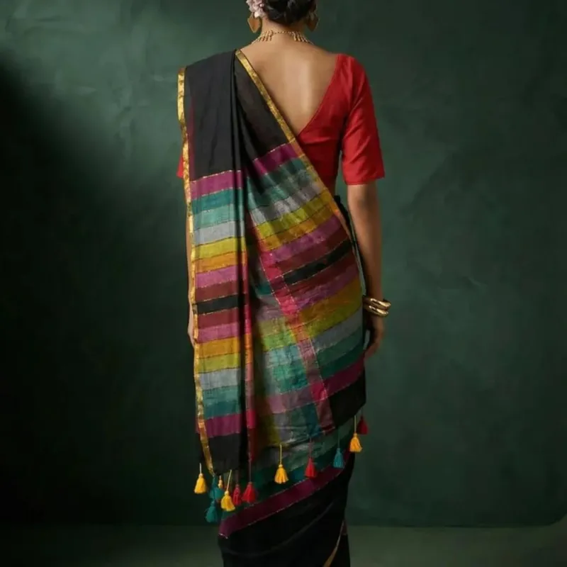 Exclusive  Mul Cotton multi-colour full body zari rainbow saree  (Without Blouse Piece) view 6