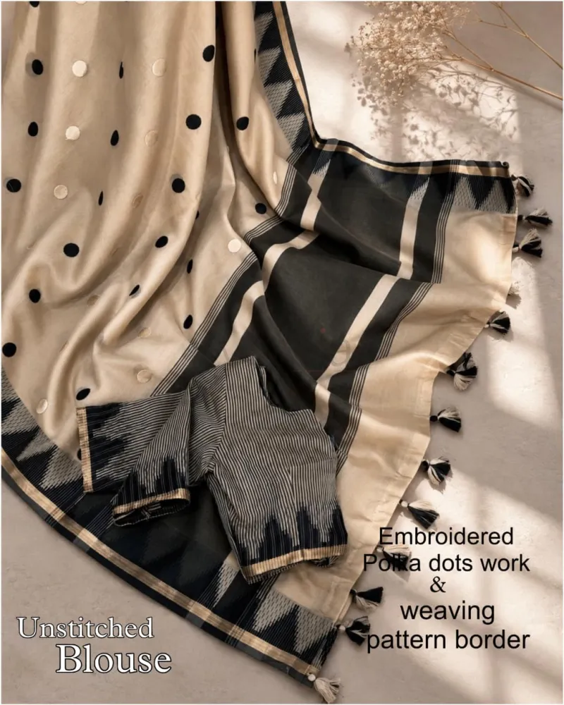 Beige and black modal cotton saree with Unstitched blouse piece view 2