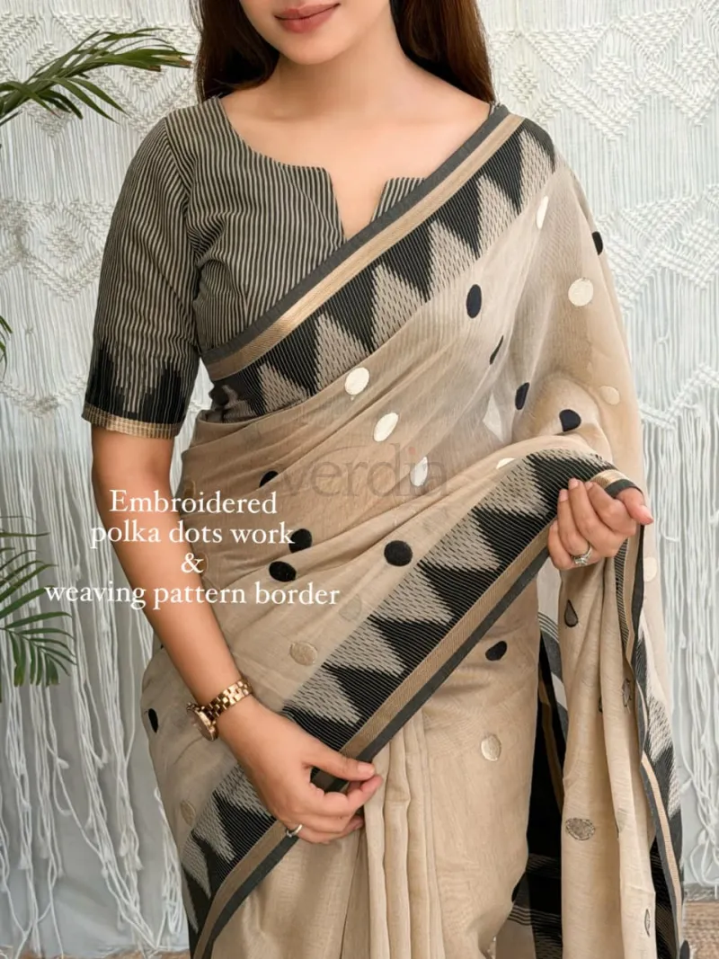 Beige and black modal cotton saree with Unstitched blouse piece view 4