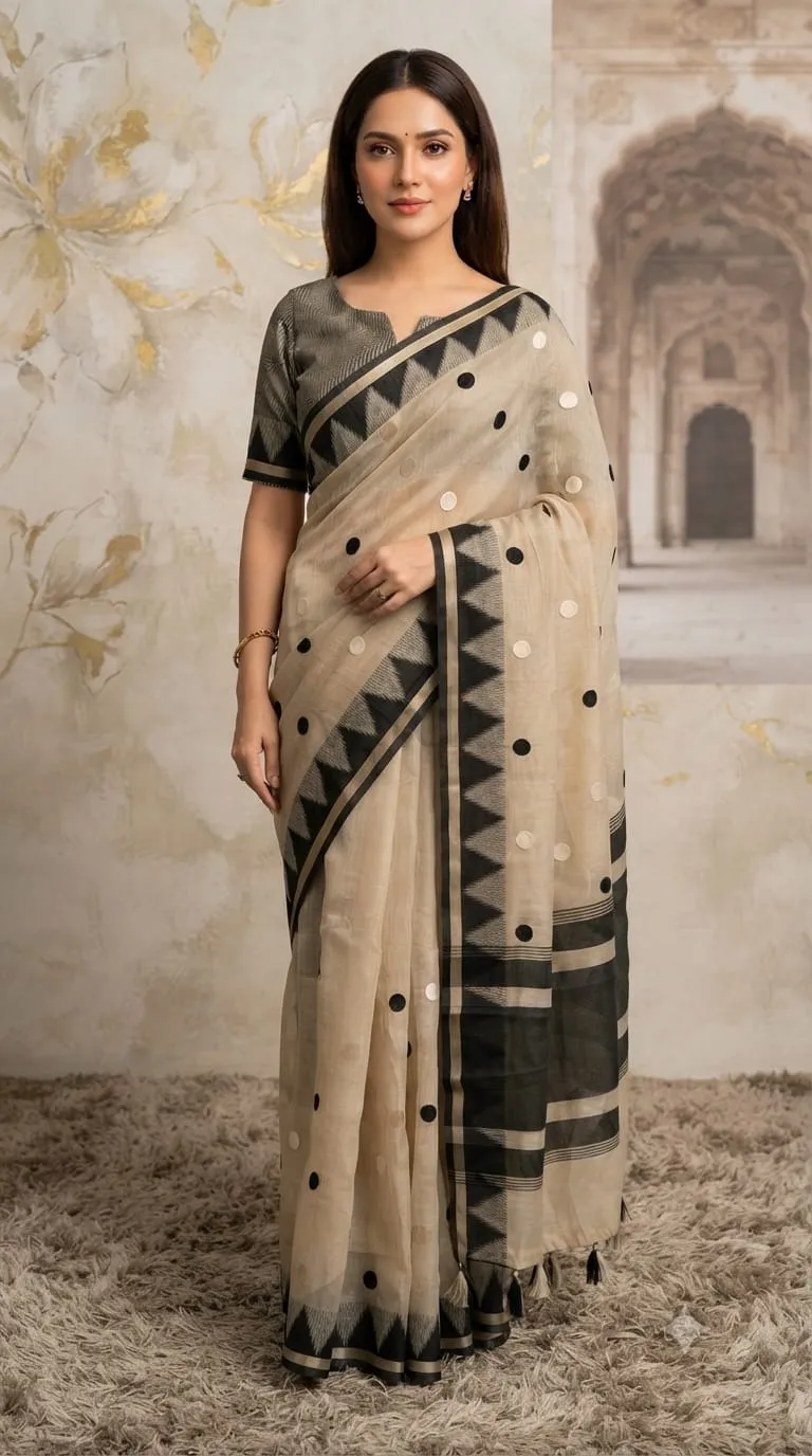 Beige and black modal cotton saree with Unstitched blouse piece