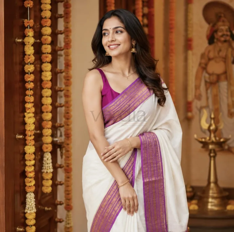 Kerala Onam special weaves; Pure Mulmul cotton saree (with running blouse piece) view 12