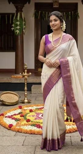 Kerala Onam special weaves; Pure Mulmul cotton saree (with running blouse piece) view 13