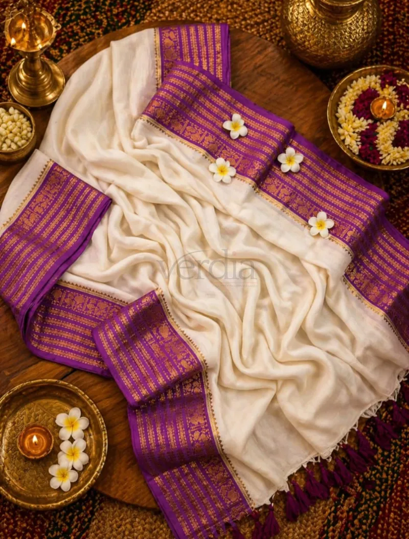 Kerala Onam special weaves; Pure Mulmul cotton saree (with running blouse piece) view 6