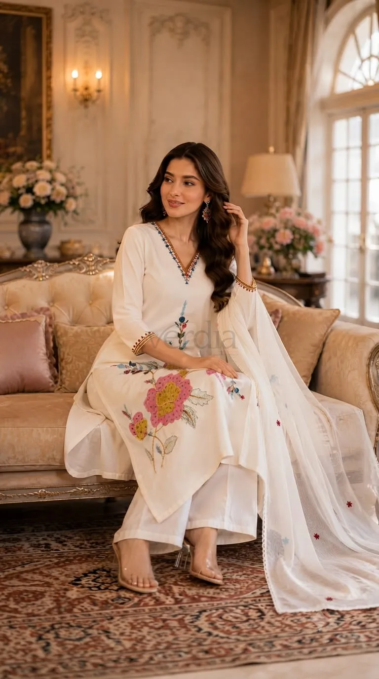 Pure cotton top featuring heavy embroidery and sequins work. view 3