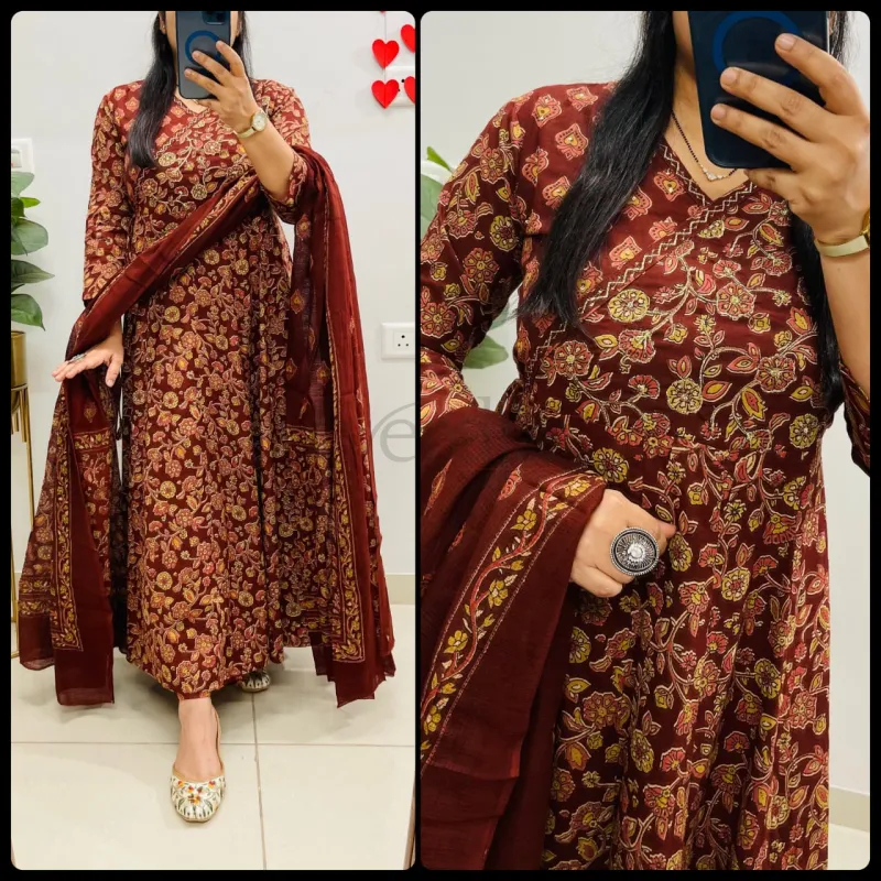 Kalamkari Print Idaho style floral kali kurti pant dupatta set view 9