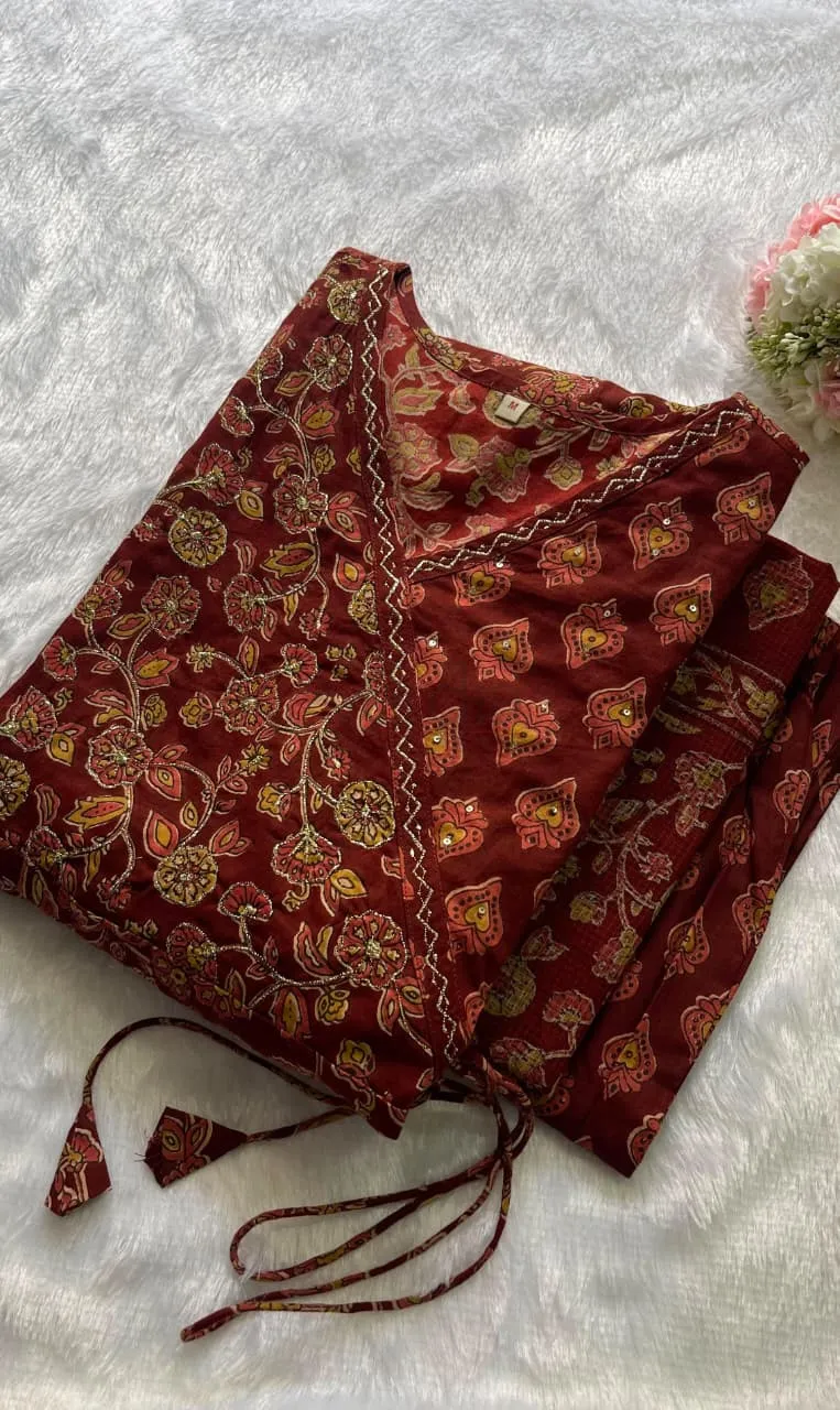 Kalamkari Print Idaho style floral kali kurti pant dupatta set view 10