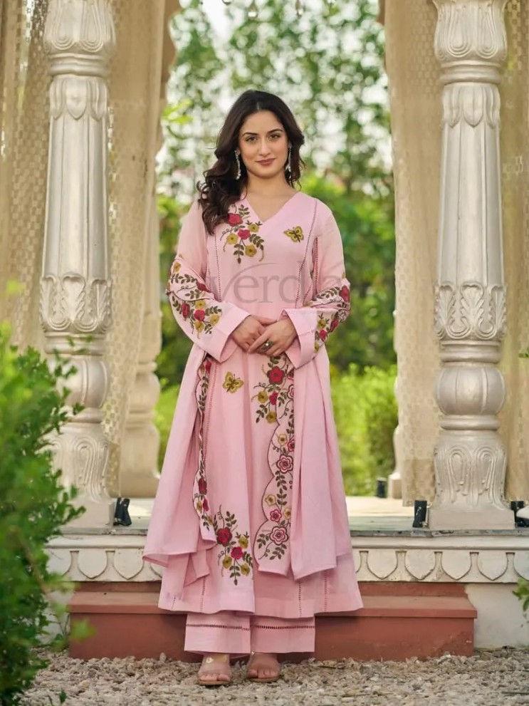 Three piece crush cotton kurti set view 4