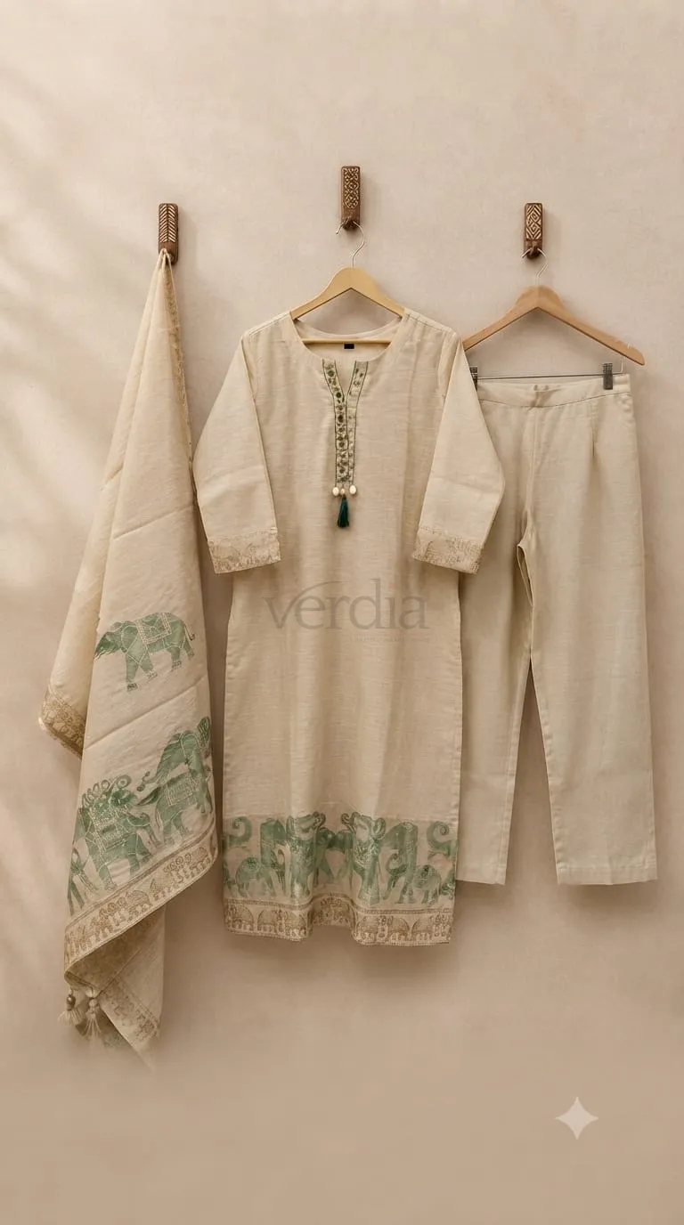 Premium Jamdani kurta with elephant motifs and handwork detailing view 2
