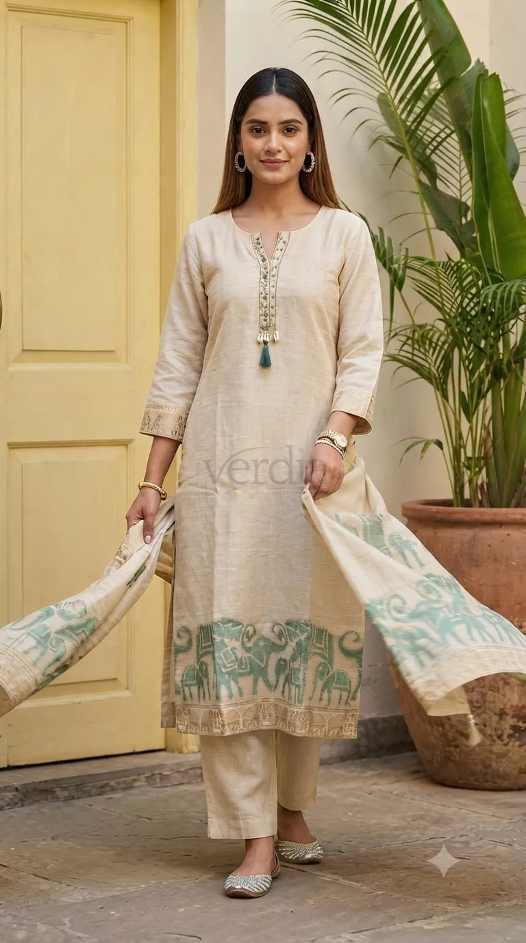 Premium Jamdani kurta with elephant motifs and handwork detailing