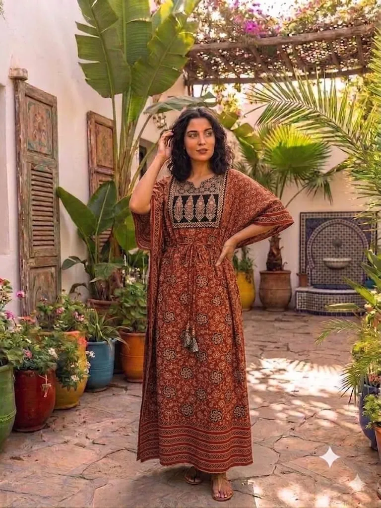 Ajrakh vegetable print long kaftan made from cotton fabric view 4
