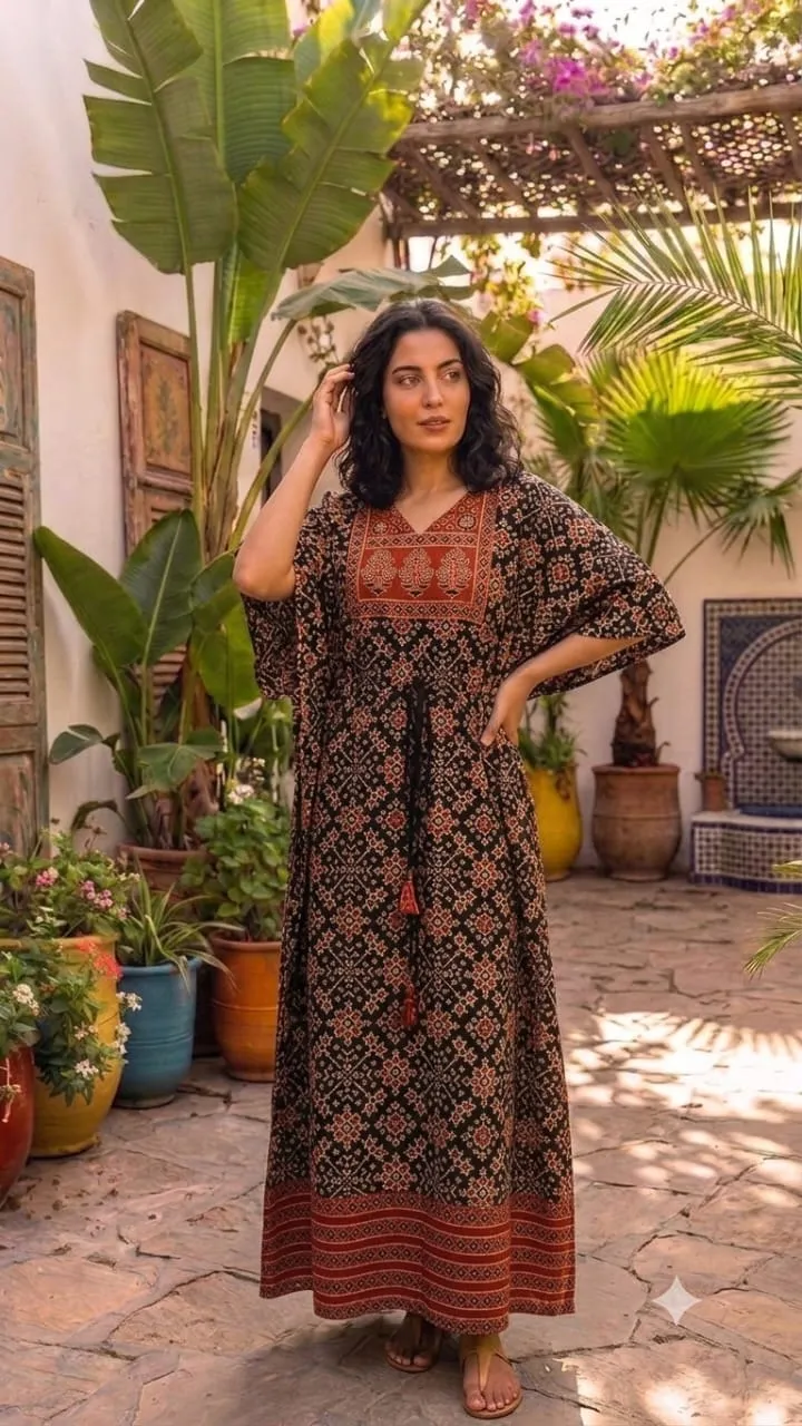 Ajrakh vegetable print long kaftan made from cotton fabric view 6