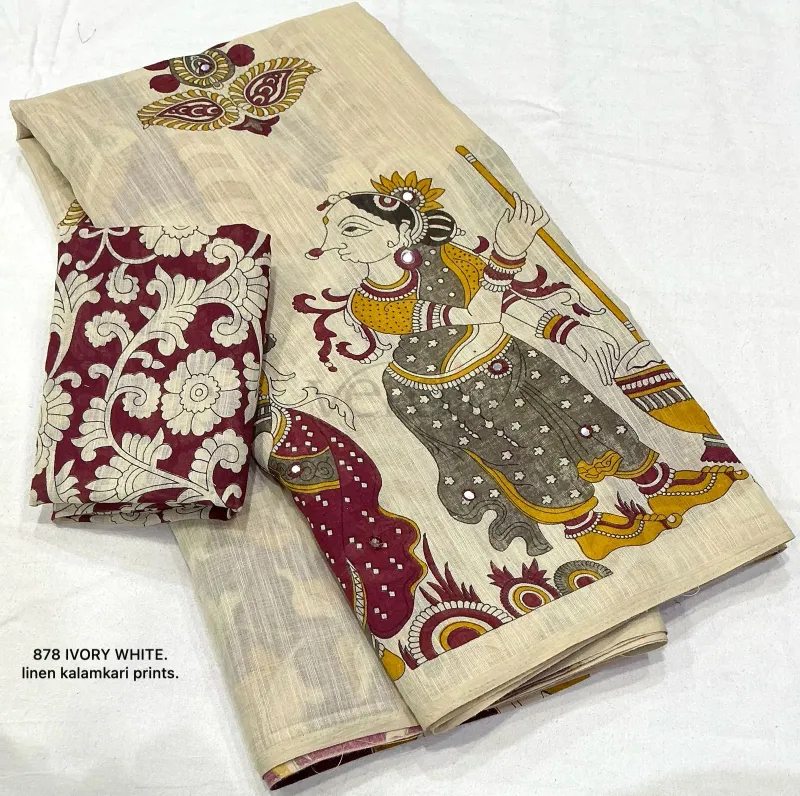 Soft linen saree with elegant kalamkari style prints.