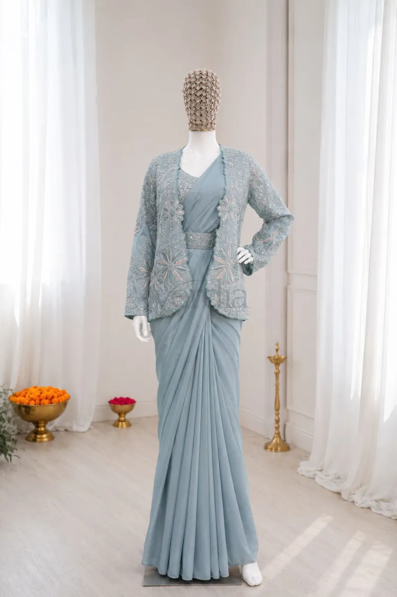 Premium ready-to-wear saree is crafted from heavy crepe silk view 5