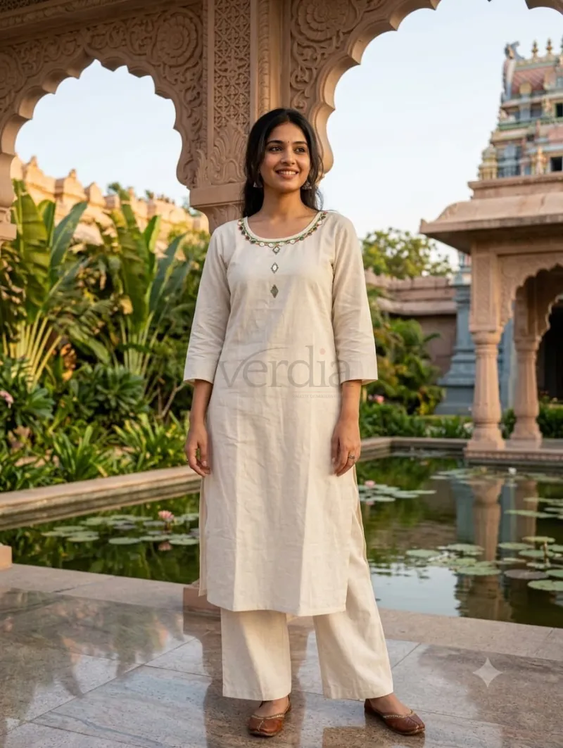 Kurti Set in pure khadi cotton featuring mirror work details.