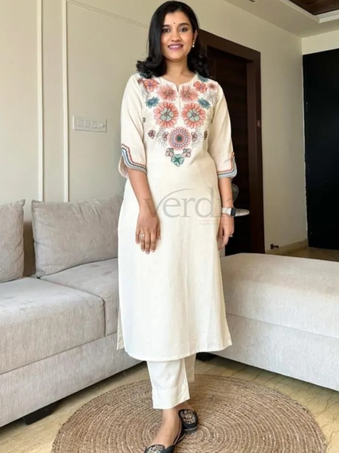 Cotton Flex Kurta Pant Set with Embroidery Work
