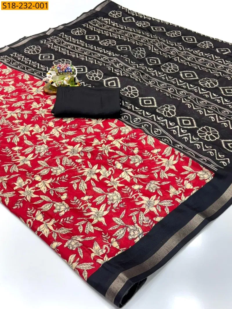 Floral Printed Mul Cotton Saree and Contrast Blouse