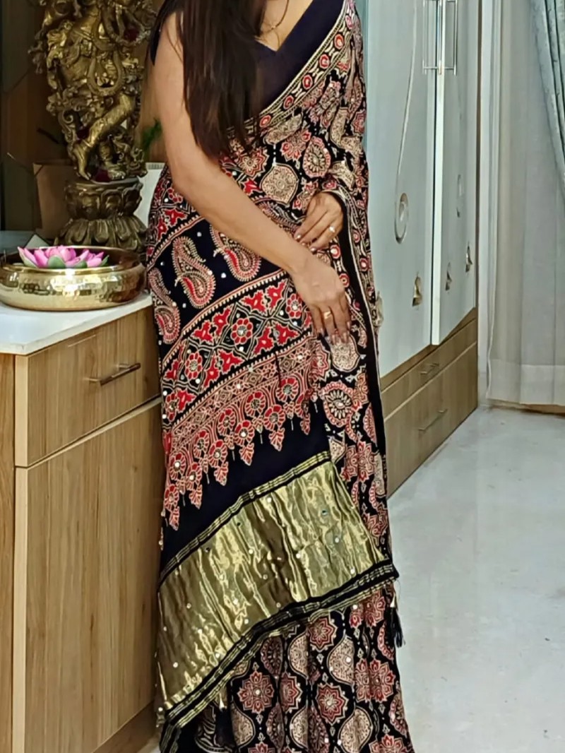 Ajrakh pure Gajji Soft Silk saree view 5