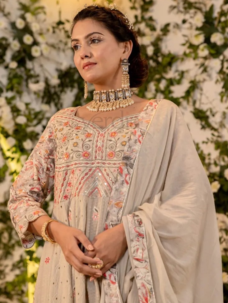 Cotton Schiffili Full Flair Anarkali Kurti Set view 3