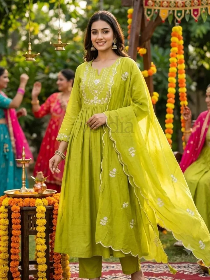 Pure Mal Chanderi designer three piece Anarkali kurti set