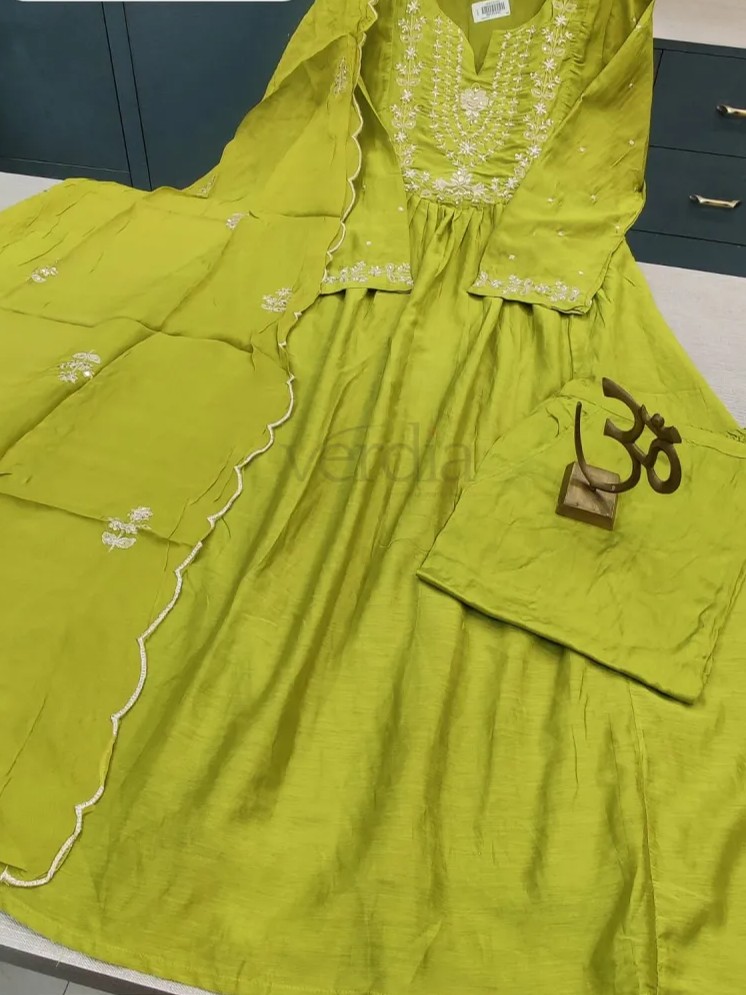 Pure Mal Chanderi designer three piece Anarkali kurti set view 2