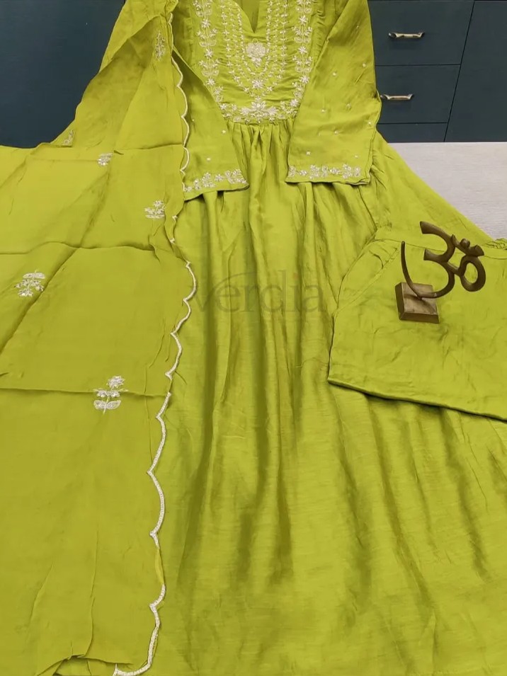 Pure Mal Chanderi designer three piece Anarkali kurti set view 3