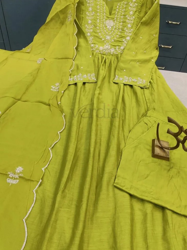 Pure Mal Chanderi designer three piece Anarkali kurti set view 4