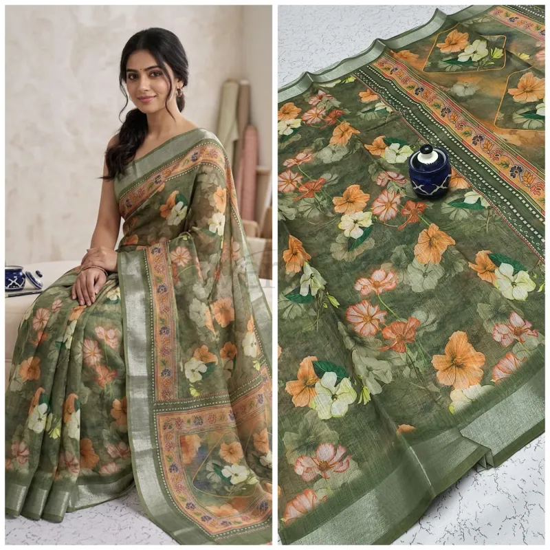 Handloom Linen Cotton Saree with unique miniature blouse view 2
