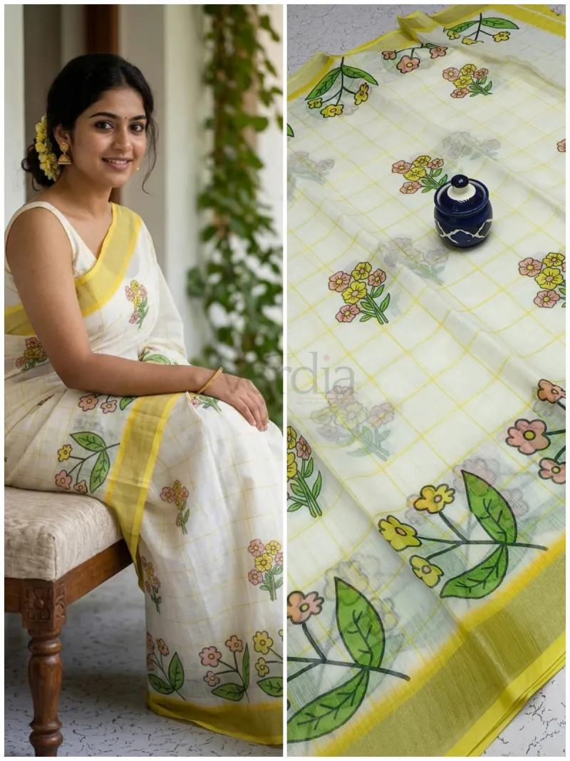 Handloom Linen Cotton Saree with unique miniature blouse view 7