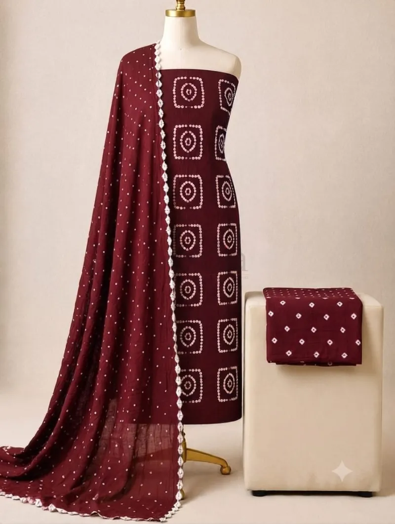 Bandhani satin cotton kurti set (Un stitched) view 2