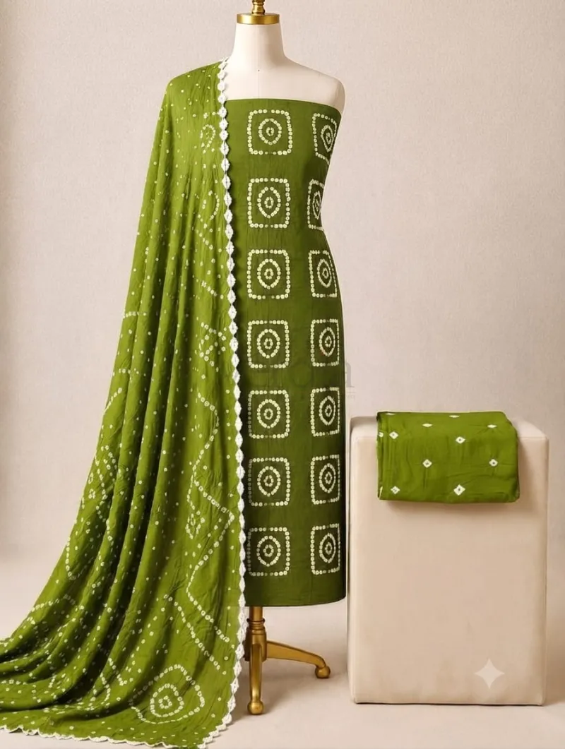 Bandhani satin cotton kurti set (Un stitched) view 4