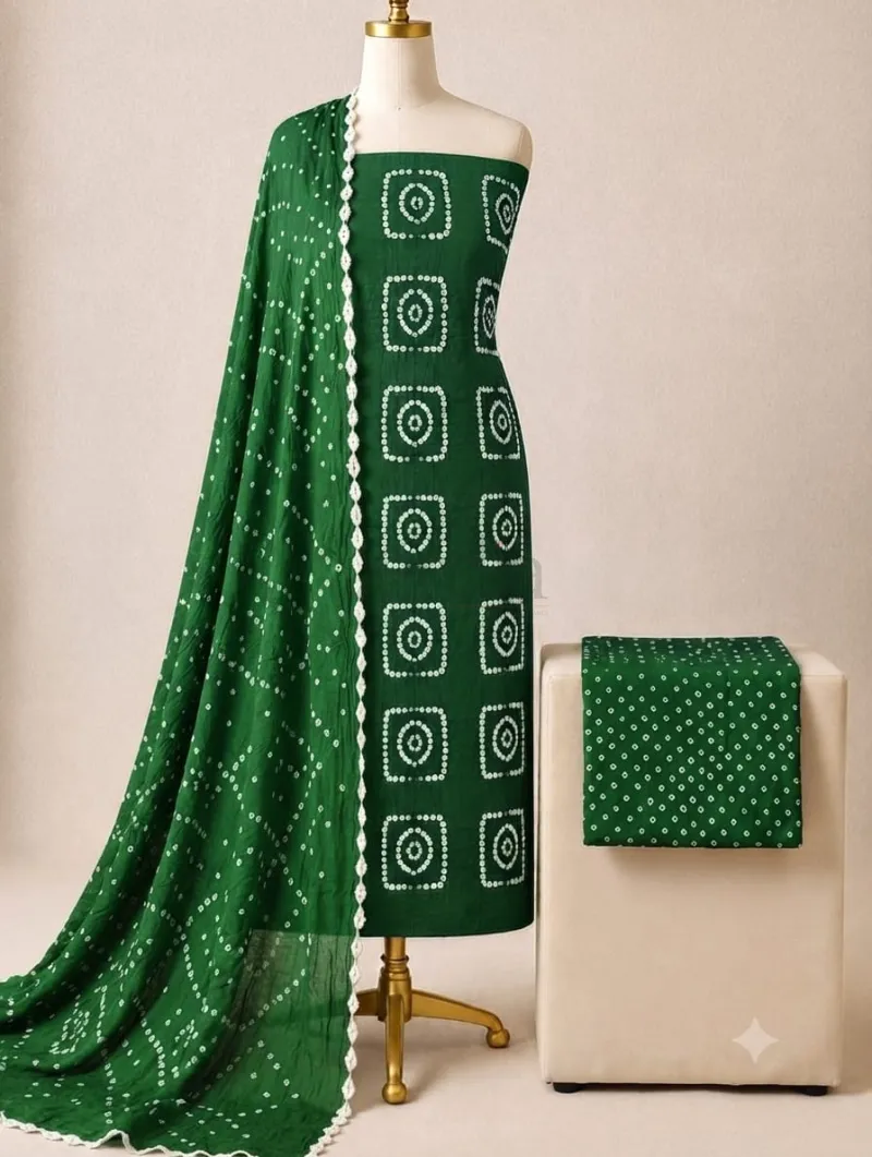 Bandhani satin cotton kurti set (Un stitched) view 6