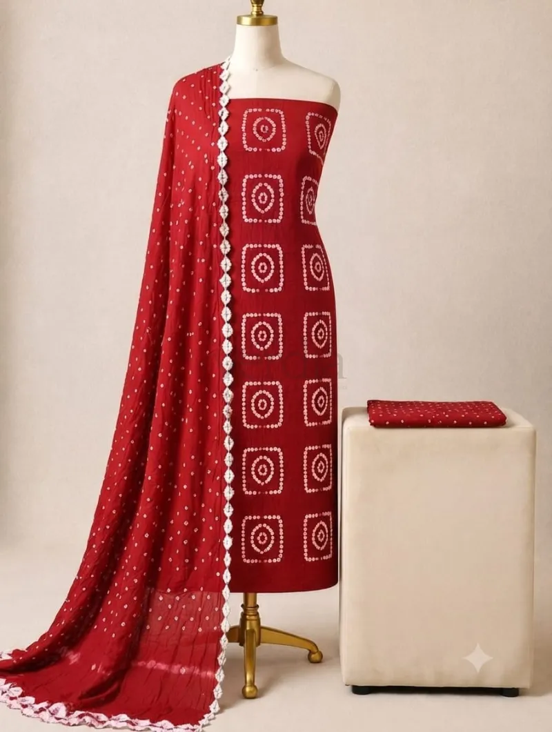 Bandhani satin cotton kurti set (Un stitched) view 7