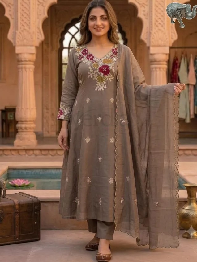 Coral Silk A-Line Kurti with Roman Pant & Heavy Dupatta view 2