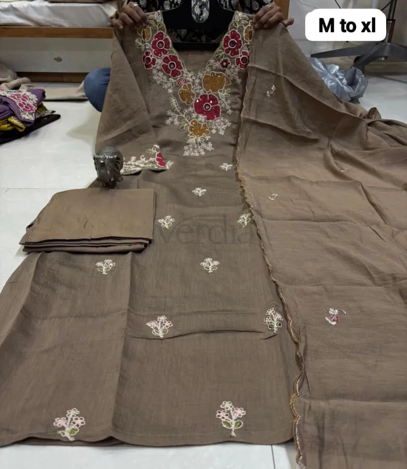 Coral Silk A-Line Kurti with Roman Pant & Heavy Dupatta view 3
