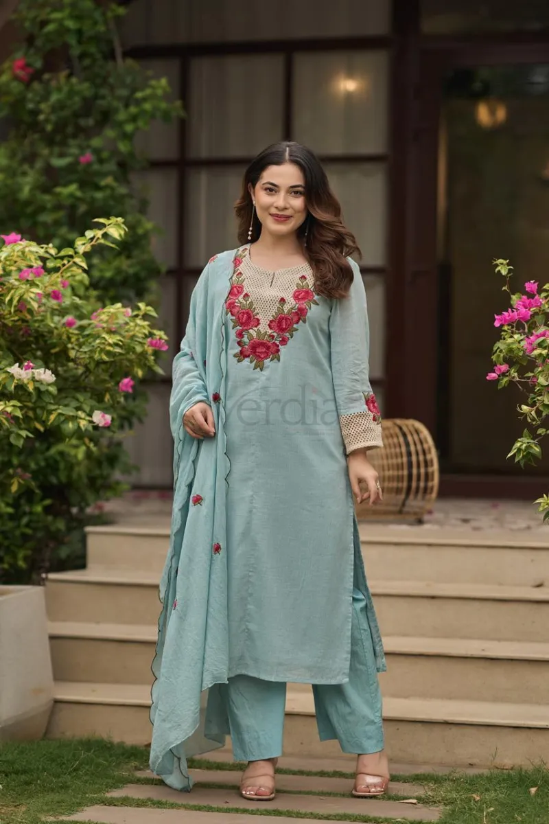Cotton heavy embroidery work straight kurta with plazo pant