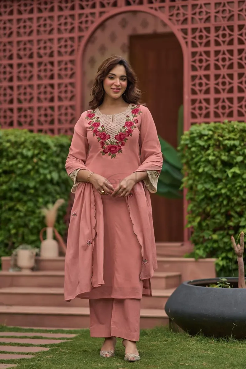 Cotton heavy embroidery work straight kurta with plazo pant view 2