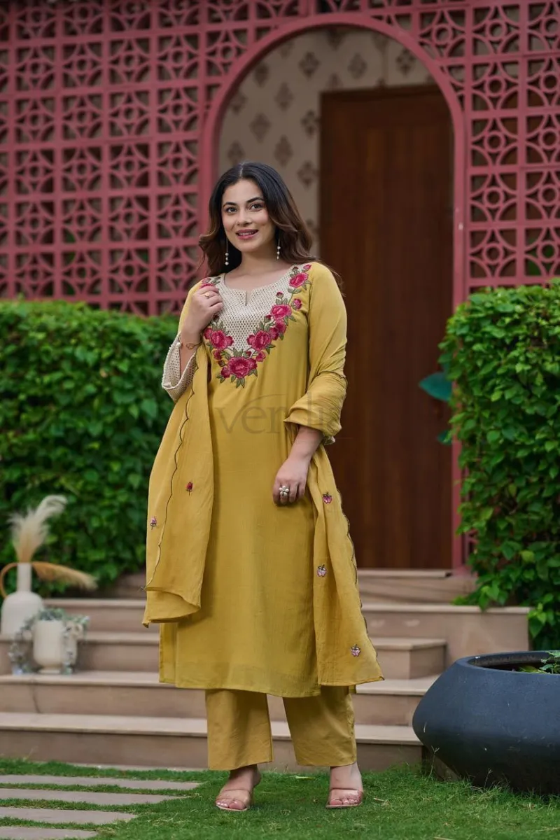 Cotton heavy embroidery work straight kurta with plazo pant view 5