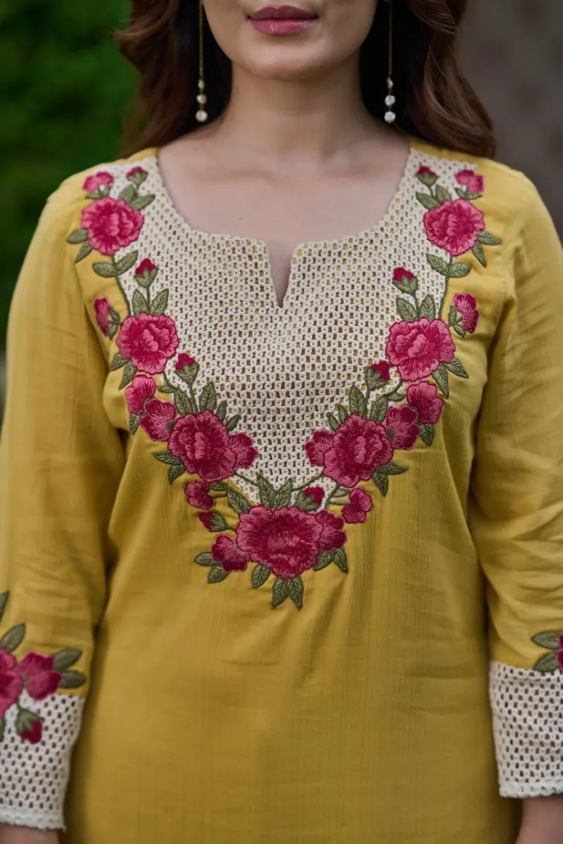 Cotton heavy embroidery work straight kurta with plazo pant view 10