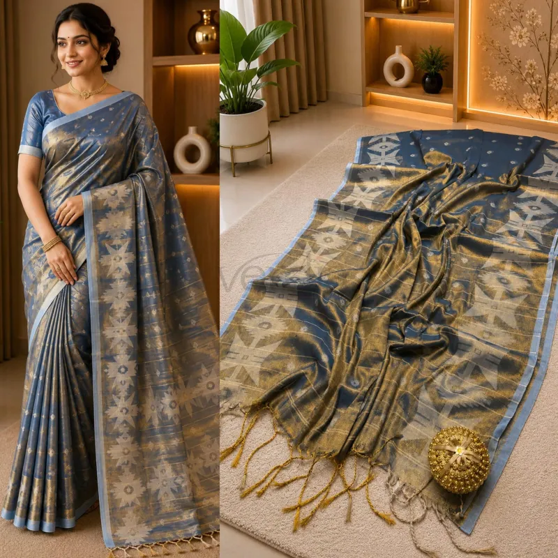 Jamdani Raga tissue soft silk saree with running blouse piece. view 6