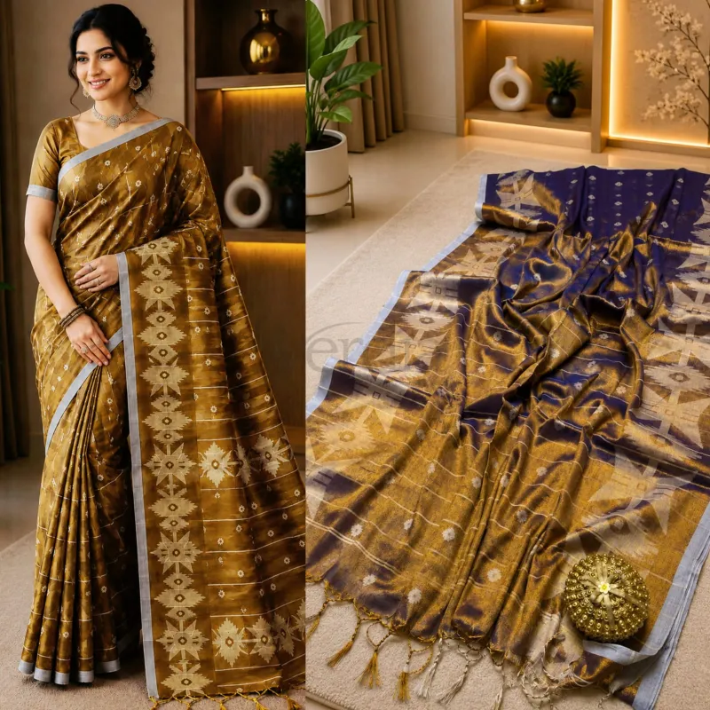 Jamdani Raga tissue soft silk saree with running blouse piece. view 10