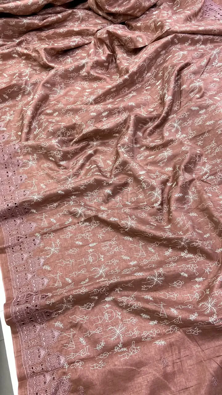 Tussar Silk Saree with Warli Art prints and embroidered cut work border. view 2