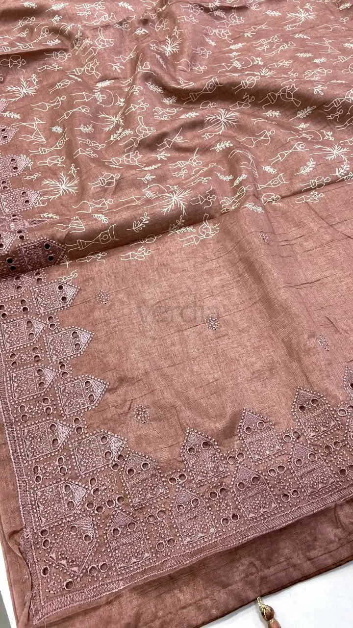 Tussar Silk Saree with Warli Art prints and embroidered cut work border. view 3